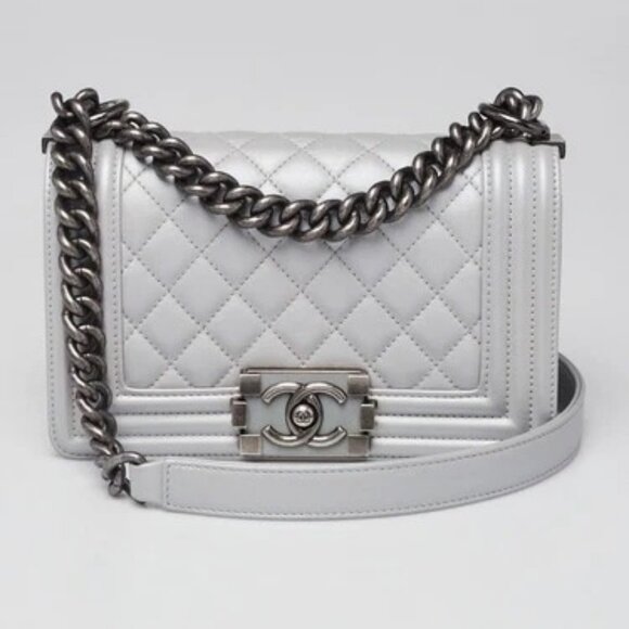 Chanel Silver Quilted Lambskin Leather Small Boy Bag - Picture 1 of 9